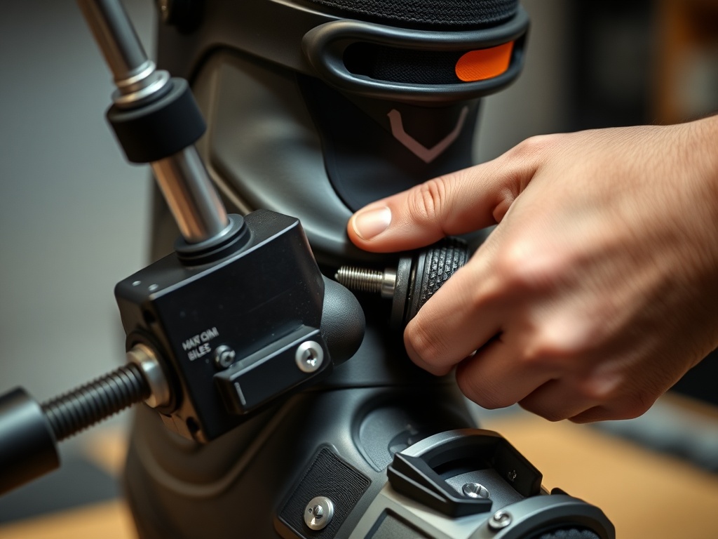 부츠의 특정 부위를 늘리기 위해 유압식 펀칭 도구를 장착한 스키 부츠의 모습