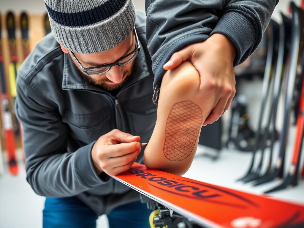전문 피팅샵에서 스키어의 발볼 너비와 아치 높이를 정밀하게 측정하는 모습